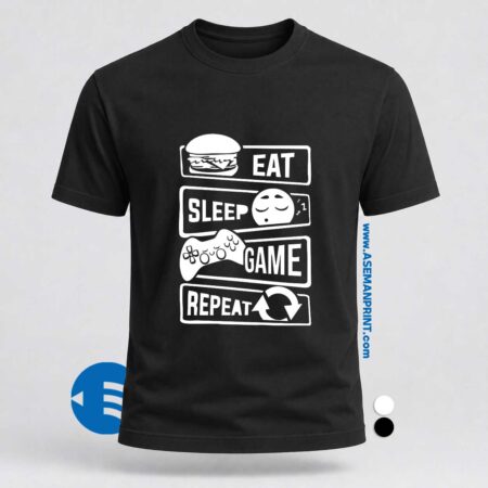 تیشرت طرح «چرخه زندگی گیمر» (Eat Sleep Game Repeat) چاپ DTF آسمان پرینت